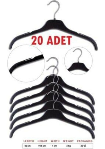 20 Adet Plastik Elbise Askısı Çentikli Döner Başlıklı Kıyafet Askı 42 cm fiyatları