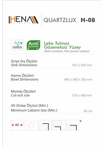 Granit Eviye 1 Gözlü Gri 55 x 50 Kuvars modelleri
