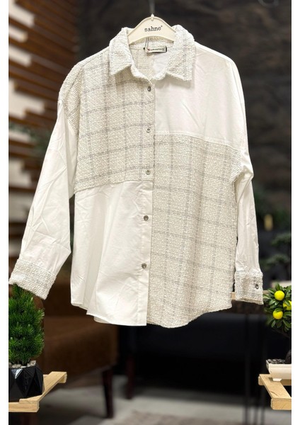 Simli Kuımaş Garnili Yakalı Oversize Poplin Gömlek