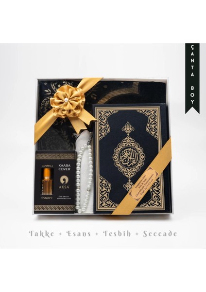 Takke + Esans + Tesbih + Seccade + Kuran Hediye Seti (Çanta Boy, Siyah)