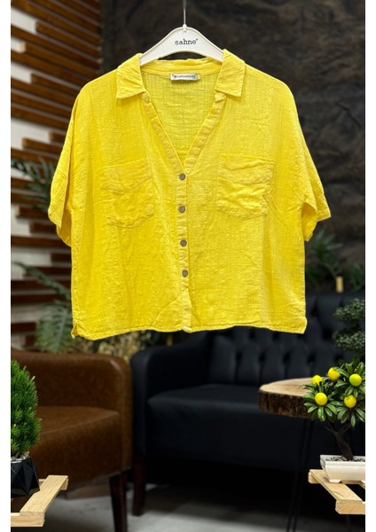 Yakalı Cepli Kısa Keten Gömlek