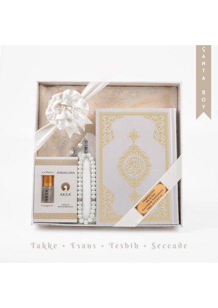 Takke + Esans + Tesbih + Seccade + Kuran Hediye Seti (Çanta Boy, Beyaz)