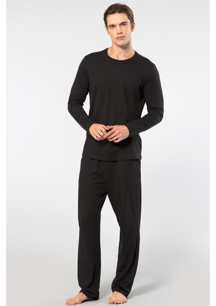 Erkek Yuvarlak Yaka Uzunkol Pijama Takım, %50 Modal, %50 Pamuk Alt Pijama Ceplidir
