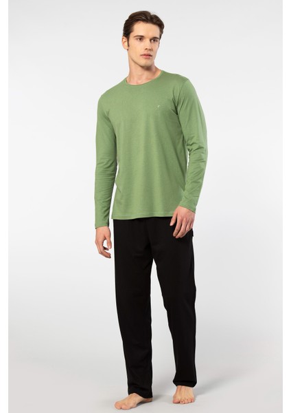 Erkek Yuvarlak Yaka Uzunkol Pijama Takım, %50 Modal, %50 Pamuk Alt Pijama Ceplidir
