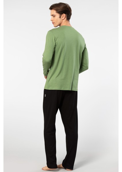 Erkek Yuvarlak Yaka Uzunkol Pijama Takım, %50 Modal, %50 Pamuk Alt Pijama Ceplidir