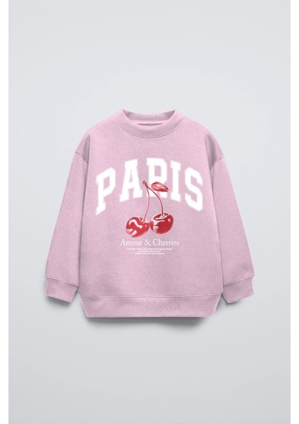 Pembe Bisiklet Yaka Paris Yazılı Cherries Baskılı Oversize Çocuk Sweatshirt
