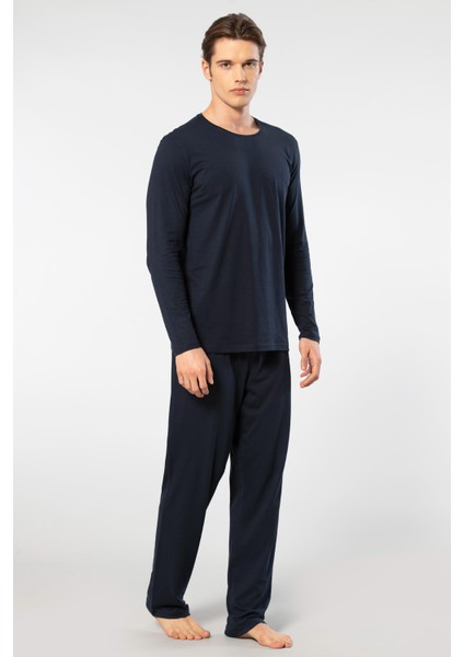 Erkek Yuvarlak Yaka Uzunkol Pijama Takım, %50 Modal, %50 Pamuk Alt Pijama Ceplidir
