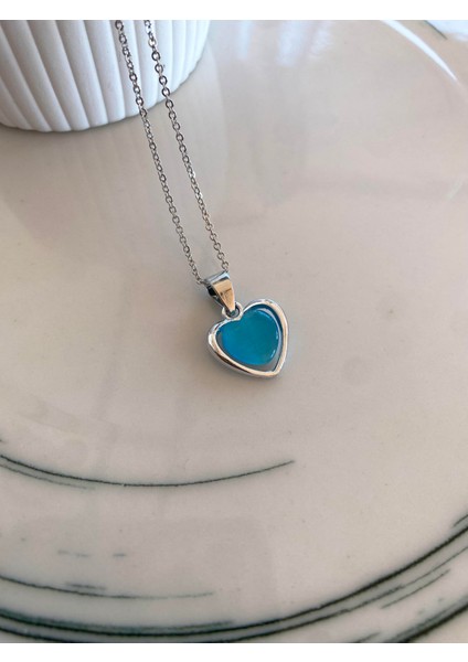 Aqua Blue Heart Kolye Silver