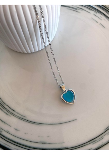 Aqua Blue Heart Kolye Silver