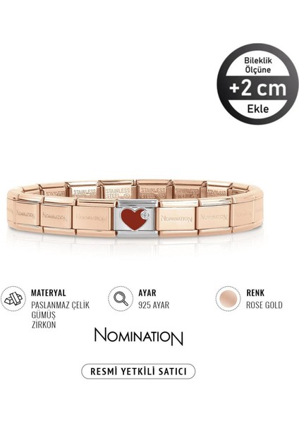 Italy Composable 925 Ayar Gümüş Zirkon Taşlı Kırmızı Kalp ve Çelik Bileklik Rose
