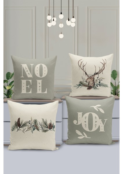 4'lü Kırlent Kılıf Seti Yılbaşı Christmas Deseni Çift Taraflı Dijital Baskılı