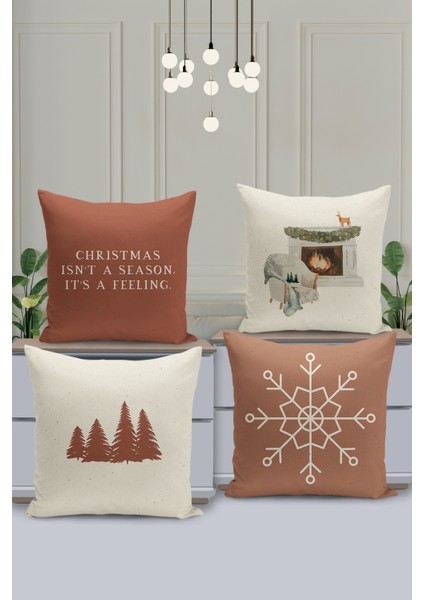 4'lü Kırlent Kılıf Seti Yılbaşı Christmas Deseni Çift Taraflı Dijital Baskılı