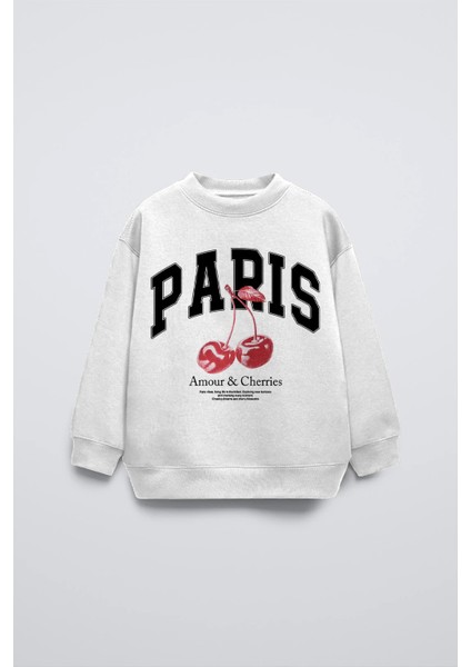 Beyaz Bisiklet Yaka Paris Yazılı Cherries Baskılı Oversize Çocuk Sweatshirt