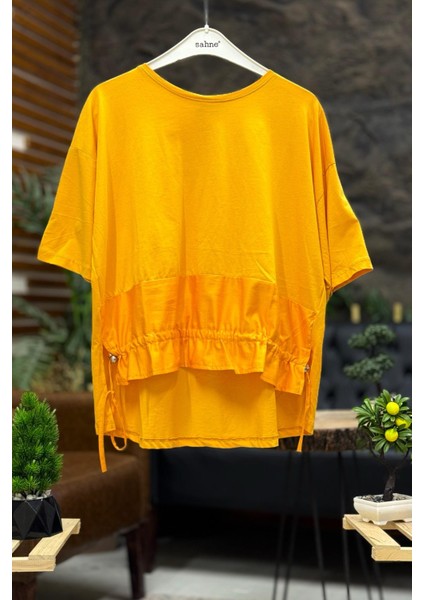 Eteği Bağcıklı Kumaş Detaylı Kısa Kol Tshirt