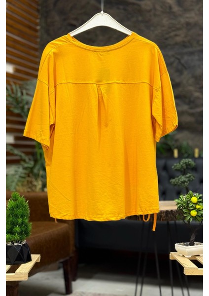 Eteği Bağcıklı Kumaş Detaylı Kısa Kol Tshirt