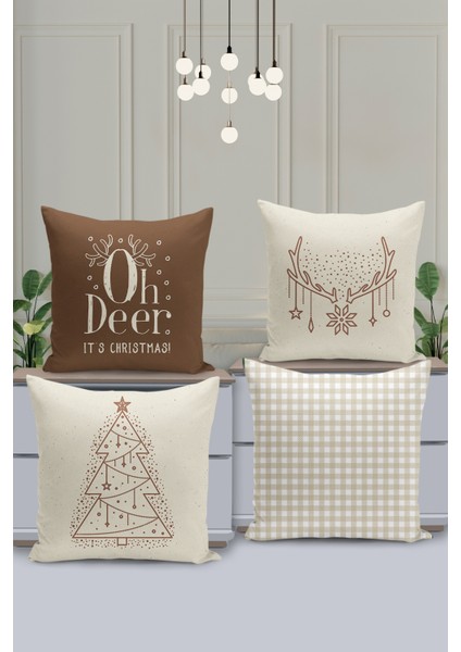 4'lü Kırlent Kılıf Seti Yılbaşı Christmas Deseni Çift Taraflı Dijital Baskılı