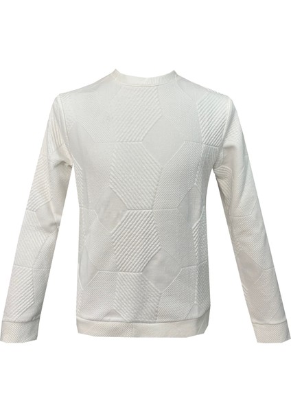 Bol Kesim O Yaka Kapitone Etnik Desenli Beyaz Sweatshirt