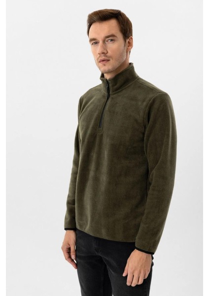 Yarım Fermuarlı Yaka Polar Yeşil Erkek Sweatshirt