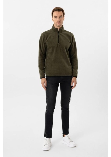 Yarım Fermuarlı Yaka Polar Yeşil Erkek Sweatshirt