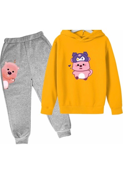 Özel Tasarım Kapüşonlu Kuromi Şapkalı Sincap Baskılı Kışlık Kız Çocuk Eşofman Takımı