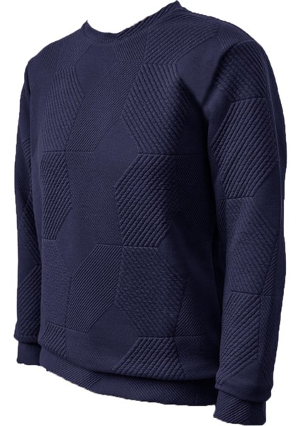 Bol Kesim O Yaka Kapitone Etnik Desenli Lacivert Sweatshirt