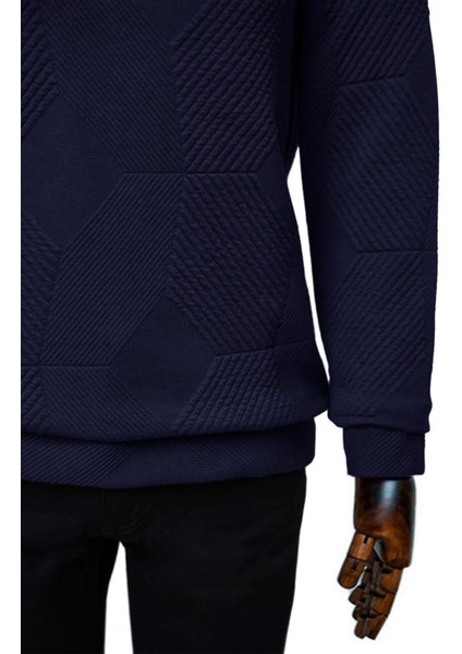 Bol Kesim O Yaka Kapitone Etnik Desenli Lacivert Sweatshirt
