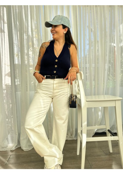 Gola Halter Yaka Örme Lacivert Yelek