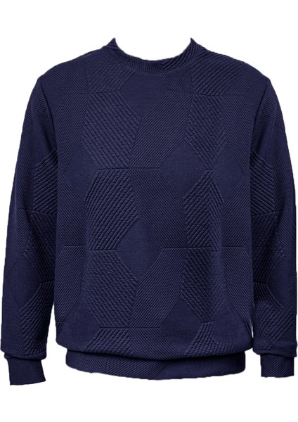 Bol Kesim O Yaka Kapitone Etnik Desenli Lacivert Sweatshirt