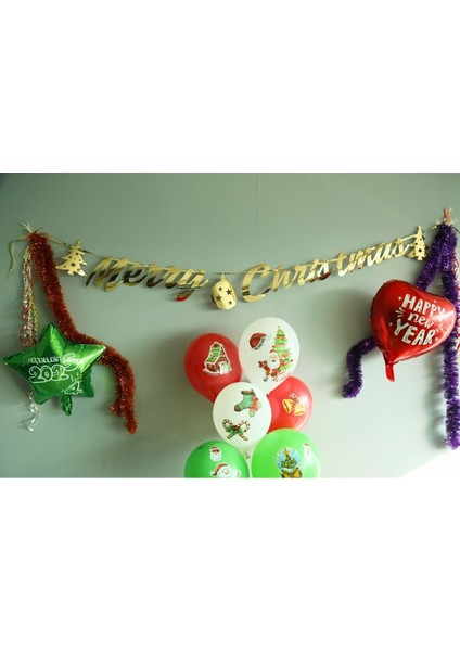 Yılbaşı Parti Süsü -Merry Chrıstmas- Yazılı Metalik Gold Banner Duvar Süsü