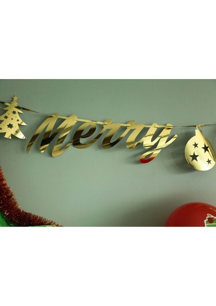 Yılbaşı Parti Süsü -Merry Chrıstmas- Yazılı Metalik Gold Banner Duvar Süsü