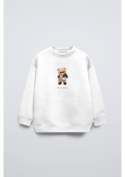 Beyaz Bisiklet Yaka Gözlüklü Ayıcık Baskılı Oversize Çocuk Sweatshirt