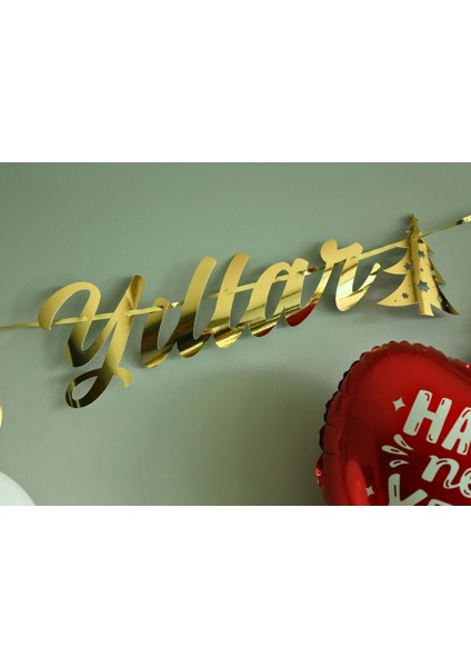 Yılbaşı Parti Süsü -Mutlu Yıllar- Yazılı Metalik Gold Banner Duvar Süsü