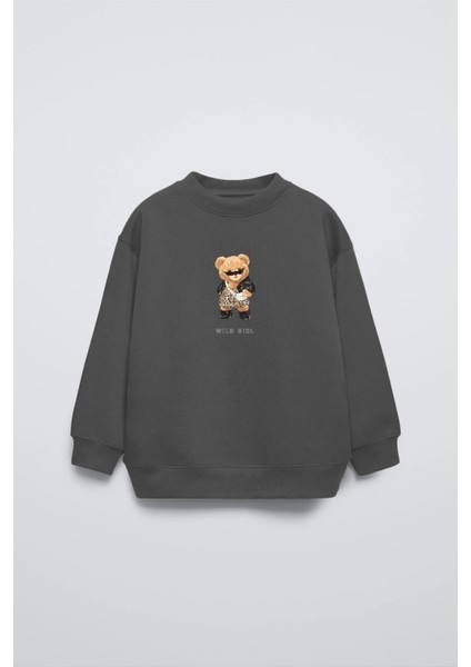 Füme Bisiklet Yaka Gözlüklü Ayıcık Baskılı Oversize Çocuk Sweatshirt