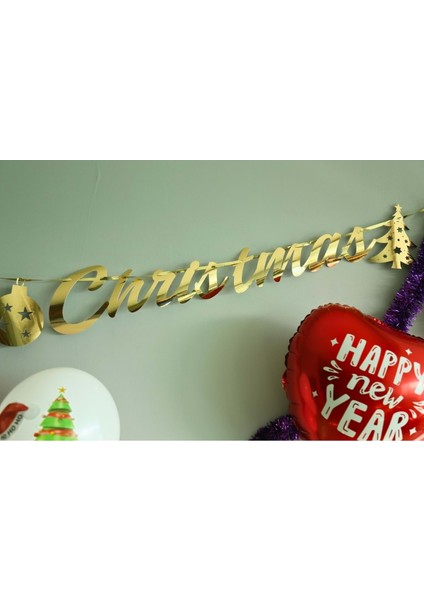 Yılbaşı Parti Süsü -Merry Chrıstmas- Yazılı Metalik Gold Banner Duvar Süsü