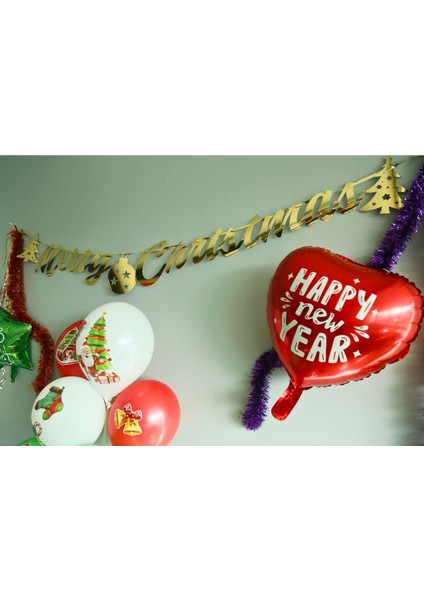 Yılbaşı Parti Süsü -Merry Chrıstmas- Yazılı Metalik Gold Banner Duvar Süsü