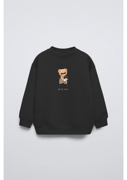 Siyah Bisiklet Yaka Gözlüklü Ayıcık Baskılı Oversize Çocuk Sweatshirt