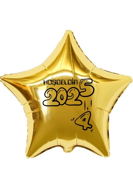 Yılbaşı Süsü "hoşgeldin 2025" Yazılı Gold Yıldız Şekilli Folyo Balon