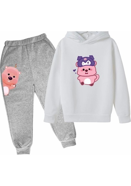 Özel Tasarım Kapüşonlu Kuromi Şapkalı Sincap Baskılı Kışlık Kız Çocuk Eşofman Takımı