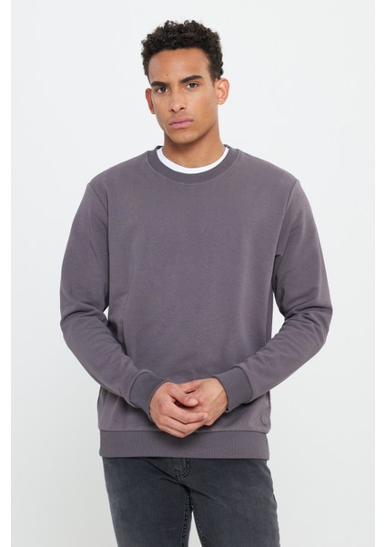 Erkek Koyu Gri Standart Fit Normal Kesim Bisiklet Yaka 3 Iplik Pamuklu Sweatshirt
