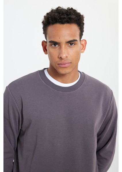 Erkek Koyu Gri Standart Fit Normal Kesim Bisiklet Yaka 3 Iplik Pamuklu Sweatshirt