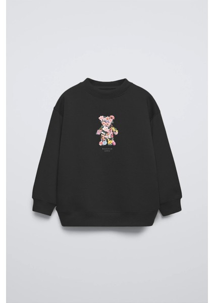 Siyah Çocuk Çiçekli Ayıcık Baskılı Bisiklet Yaka Oversize Sweatshirt