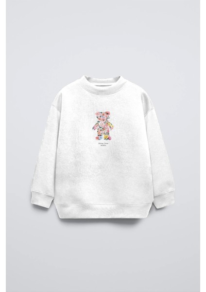 Beyaz Çocuk Çiçekli Ayıcık Baskılı Bisiklet Yaka Oversize Sweatshirt