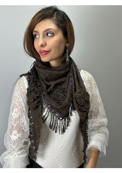 Acıkahve Güllü Kadın Fular Şal Triko Şal 160X65