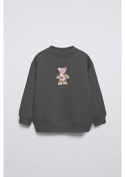 Füme Çocuk Çiçekli Ayıcık Baskılı Bisiklet Yaka Oversize Sweatshirt