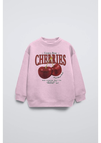 Pembe Çocuk Cherries Baskılı Bisiklet Yaka Basic Sweatshirt