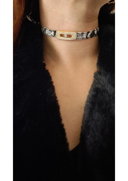 Siyah Beyaz Desen Deri Gold Detaylı Bileklik Choker fiyatları
