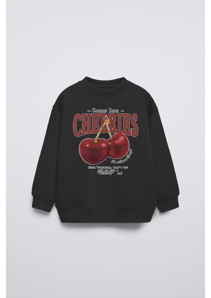 Siyah Çocuk Cherries Baskılı Bisiklet Yaka Basic Sweatshirt