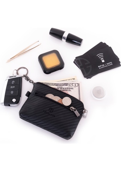 Milano Carbon Fermuarlı Mini Boy Kese Cüzdan Unisex Hakiki Deri Rfid Korumalı Erkek Kadın Anahtarlık Kartlık Bozuk Paralık Cüzdan Hediye Karbon