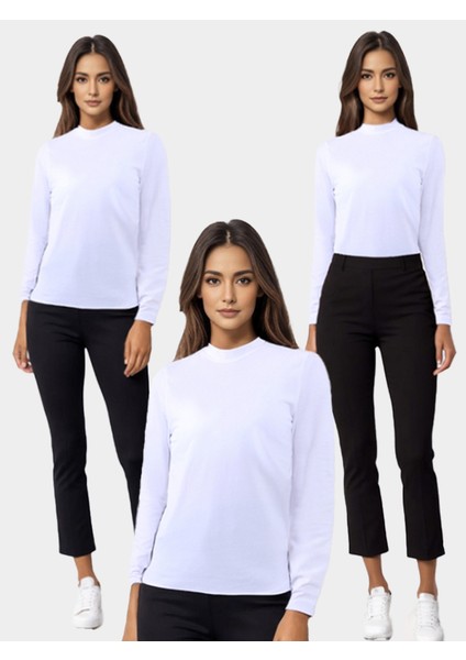 Kadın Balıkçı Yaka Uzun Kollu 3lü Atlet Seti