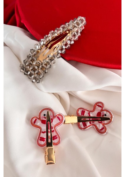 Yılbaşı Desenli Iz Bırakmayan Pens Toka ve Kristal Çıtçıt Toka Seti 3'lü Paket